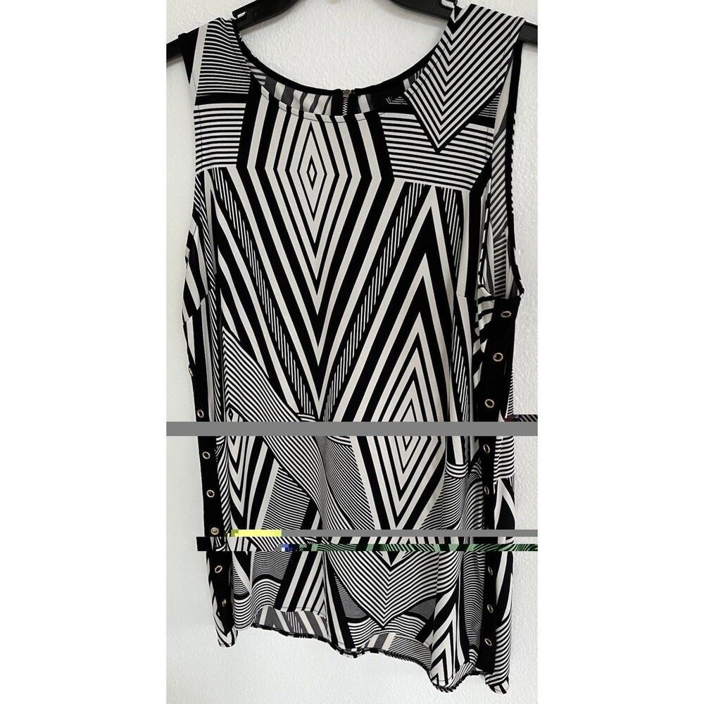 Round Neck Geo-Print Womens Top Large Tall Black Ivory Tunic Slits Casual Career